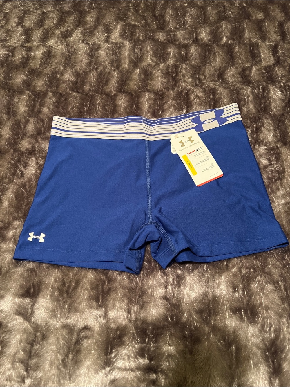 Women’s Under Armour Blue Compression Shorts with Stripe Waistband, Medium